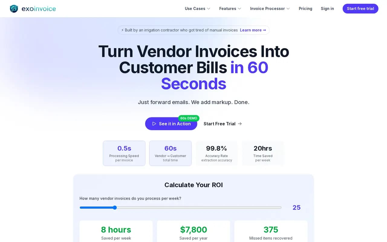 ExoInvoice AI invoice processing homepage with ROI calculator