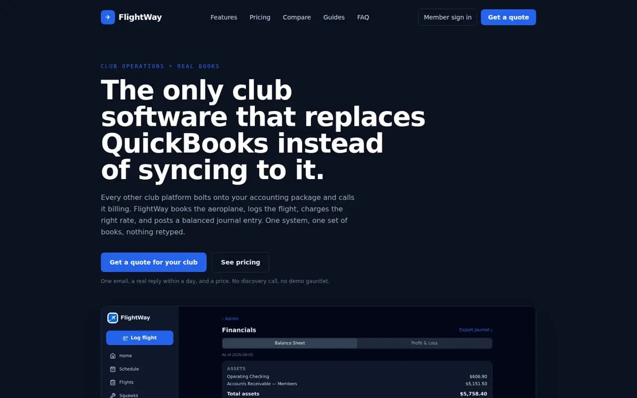 FlightWay flying club software homepage with the club financials dashboard