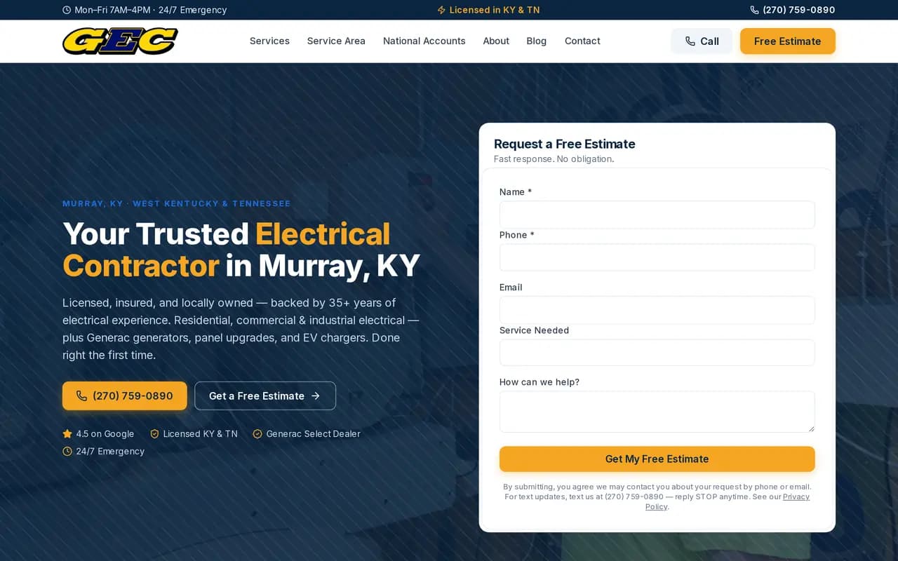 Gallimore Electrical Contractors website designed by Hughes Technology with a free estimate form
