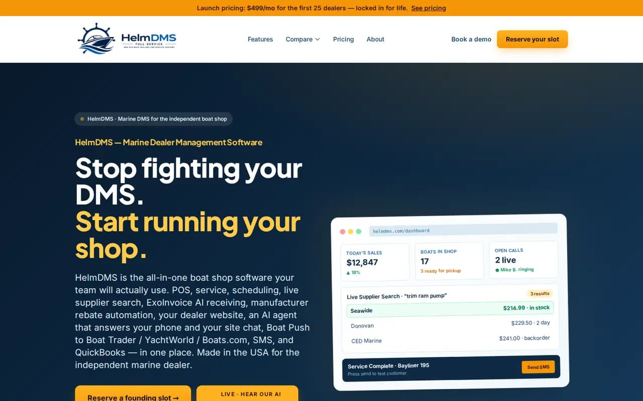 HelmDMS marine dealer management software homepage showing the dealer dashboard and live supplier search