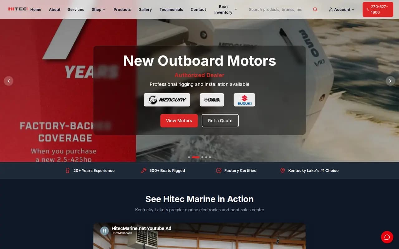 Hitec Marine homepage designed by Hughes Technology featuring outboard motors from Mercury, Yamaha, and Suzuki