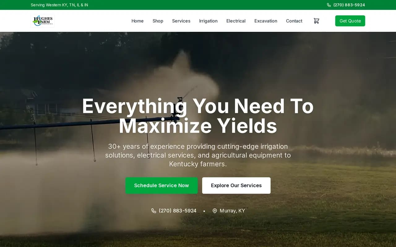 Hughes Farm Service irrigation website designed by Hughes Technology with a center pivot running in the hero