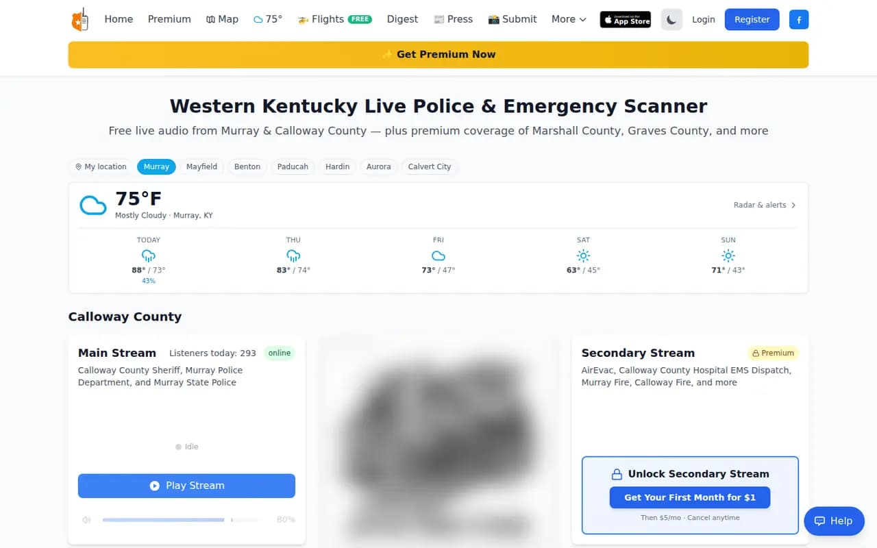 Murray Scanner homepage with the live Calloway County scanner stream and local weather