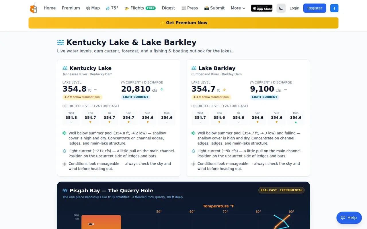 Murray Scanner Kentucky Lake and Lake Barkley conditions page with lake levels and TVA forecast
