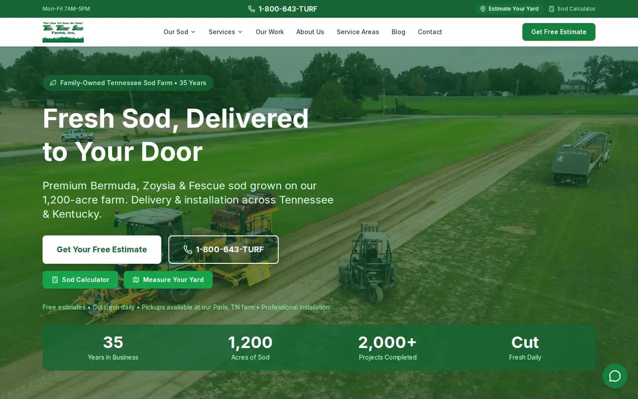 Tri-Turf Sod Farms homepage designed by Hughes Technology, with free estimate and yard measuring calls to action