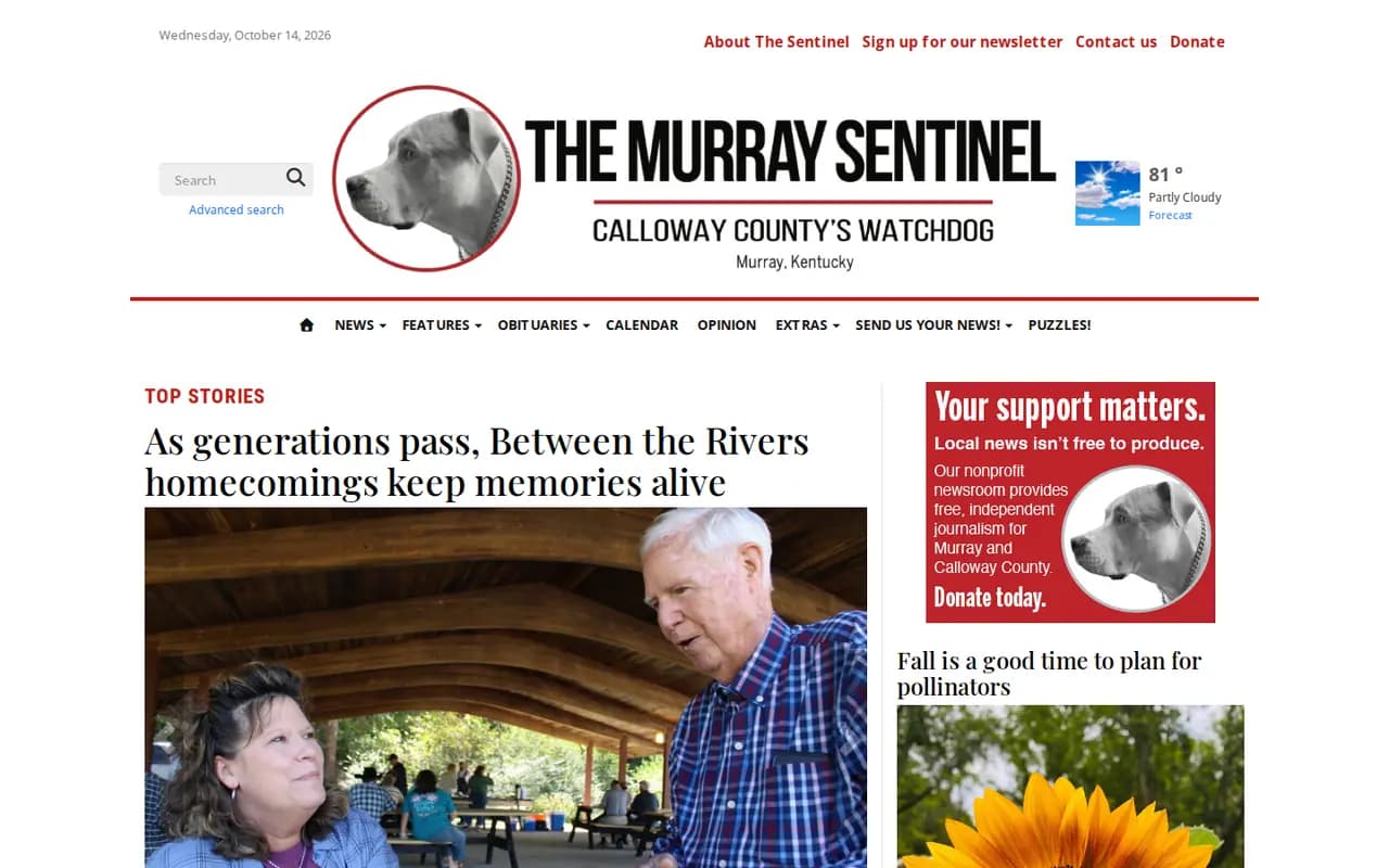 The Murray Sentinel homepage; Hughes Technology hosts the newsroom email and automates its obituary feed